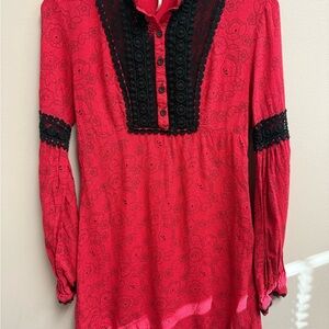 Free People Y2K  Red Blouse with Black Lace tunic XS 2 goth Emo boho
